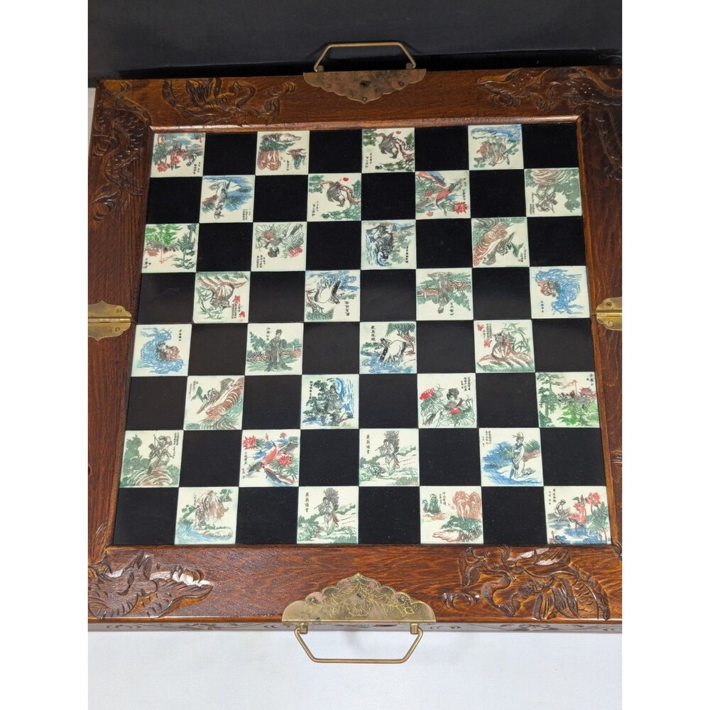 Chinese Asian Chess Board Game Set With Carved Jade & Dark Jade Not Used